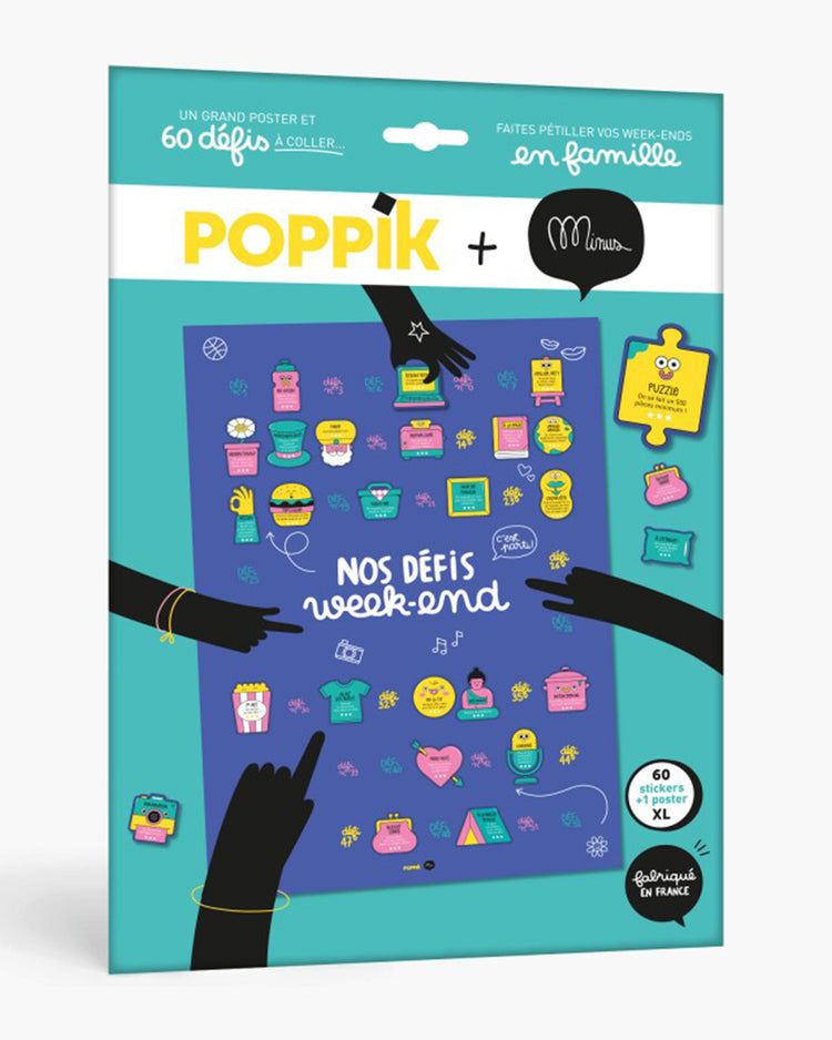 Poster à stickers coloré avec défis pour enfants, design ludique.