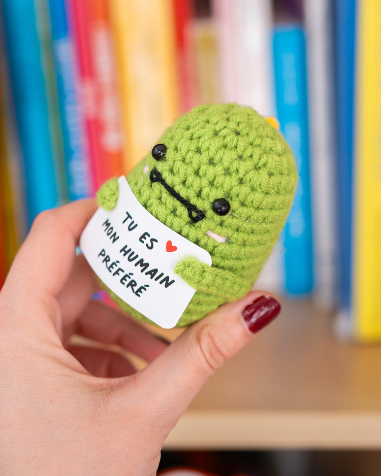 Dinosaur en crochet tenant une pancarte affectueuse.
