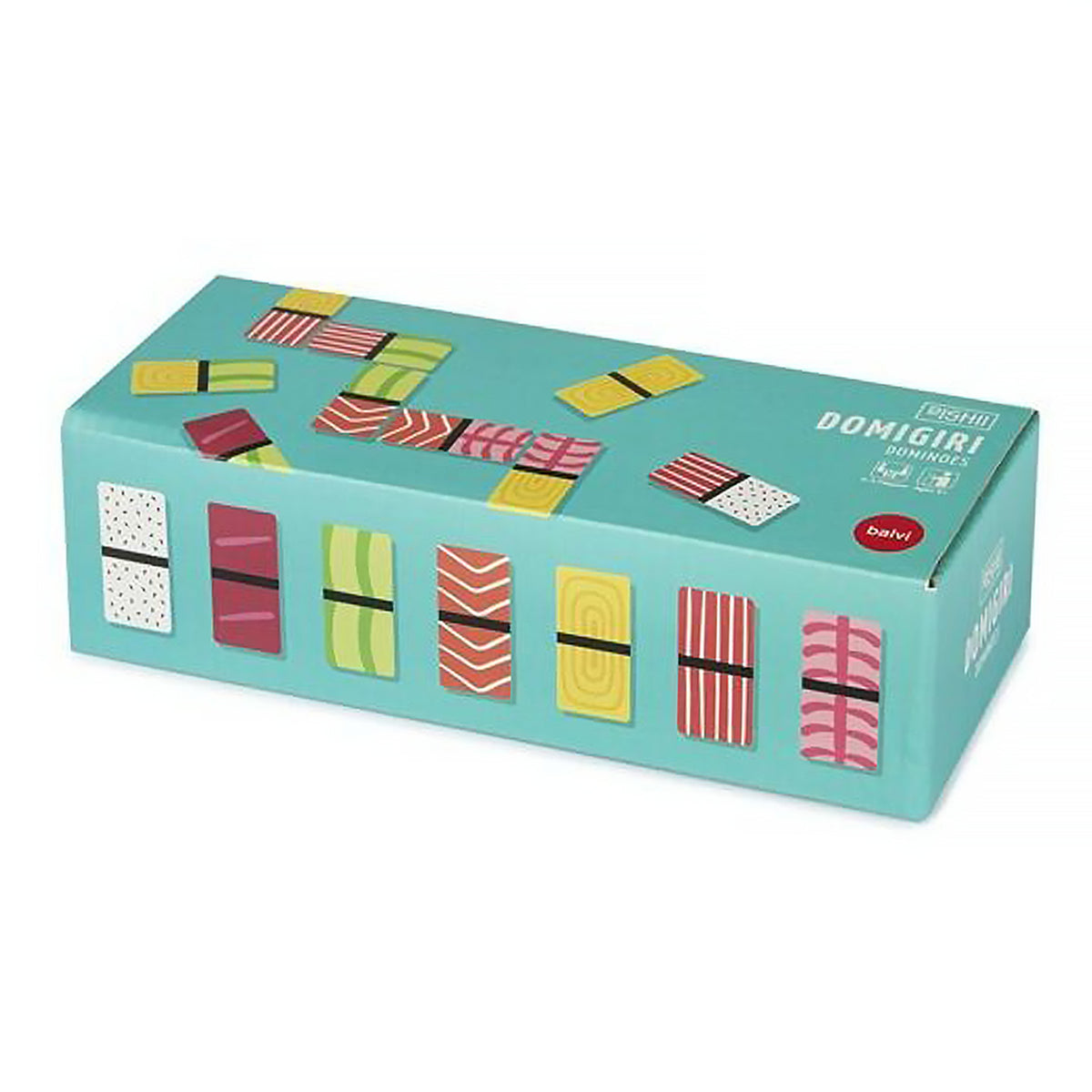 Jeu de dominos en forme de sushis colorés sur fond clair.