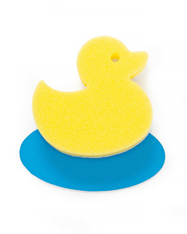 Éponge en forme de canard avec support, vue de côté.