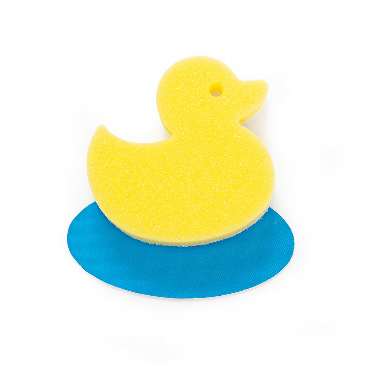 Éponge en forme de canard avec support, vue de côté.