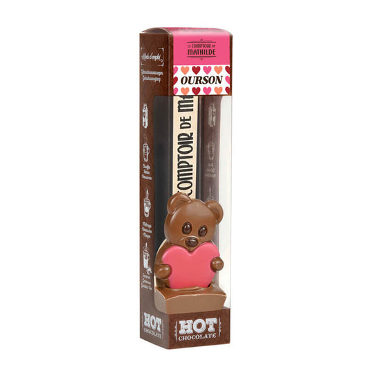 Cuillère en chocolat ourson tenant un cœur, vue de face