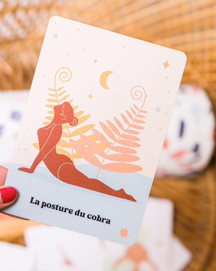 Cartes de yoga avec illustrations colorées et texte explicatif.