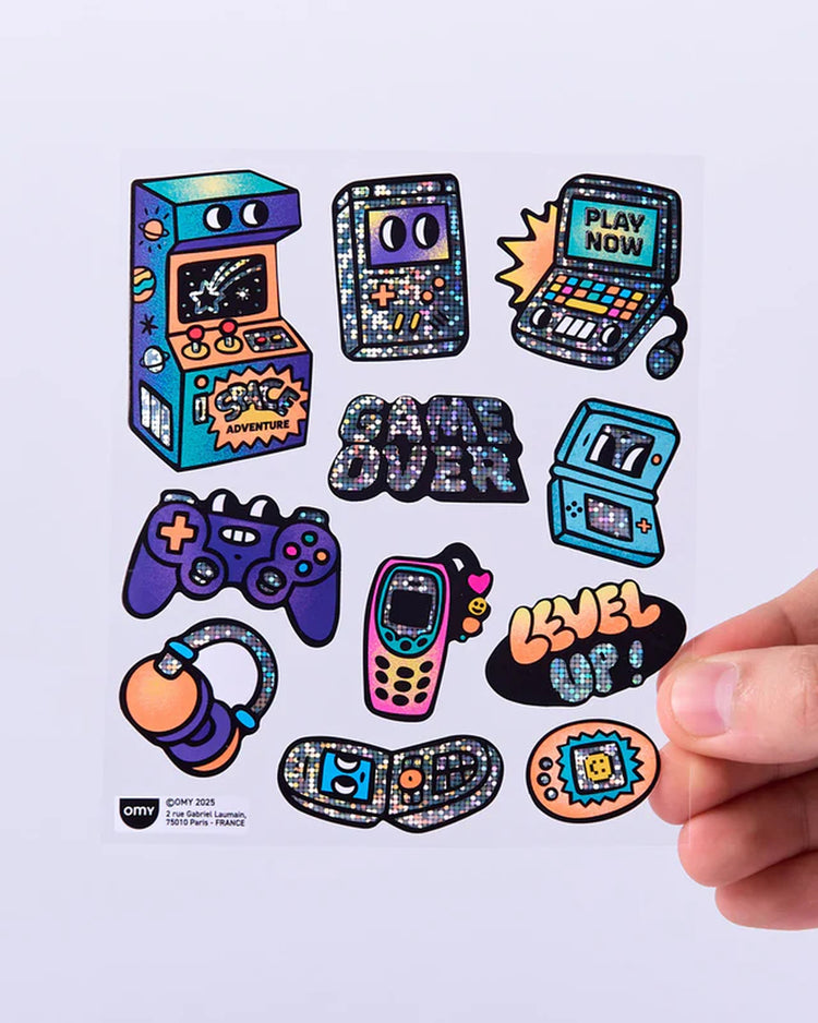 Planche de stickers fluo sur fond blanc, motifs jeux vidéo variés