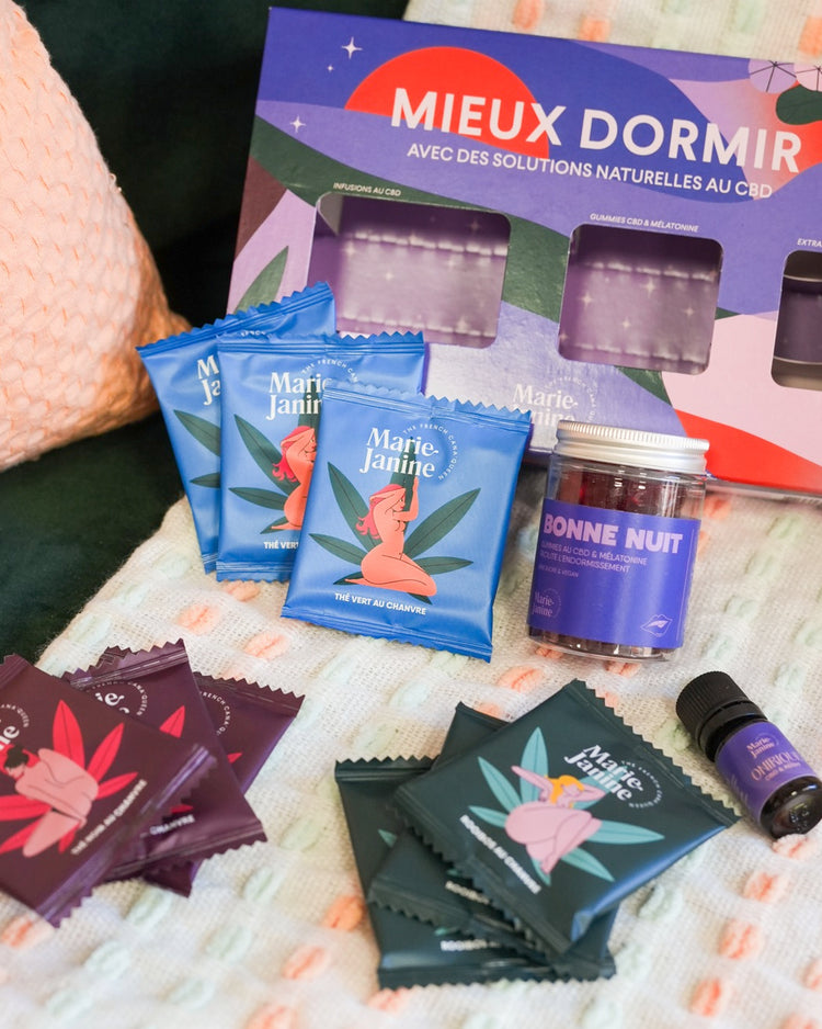 Coffret CBD Mieux Dormir avec bonbons relaxants en gros plan