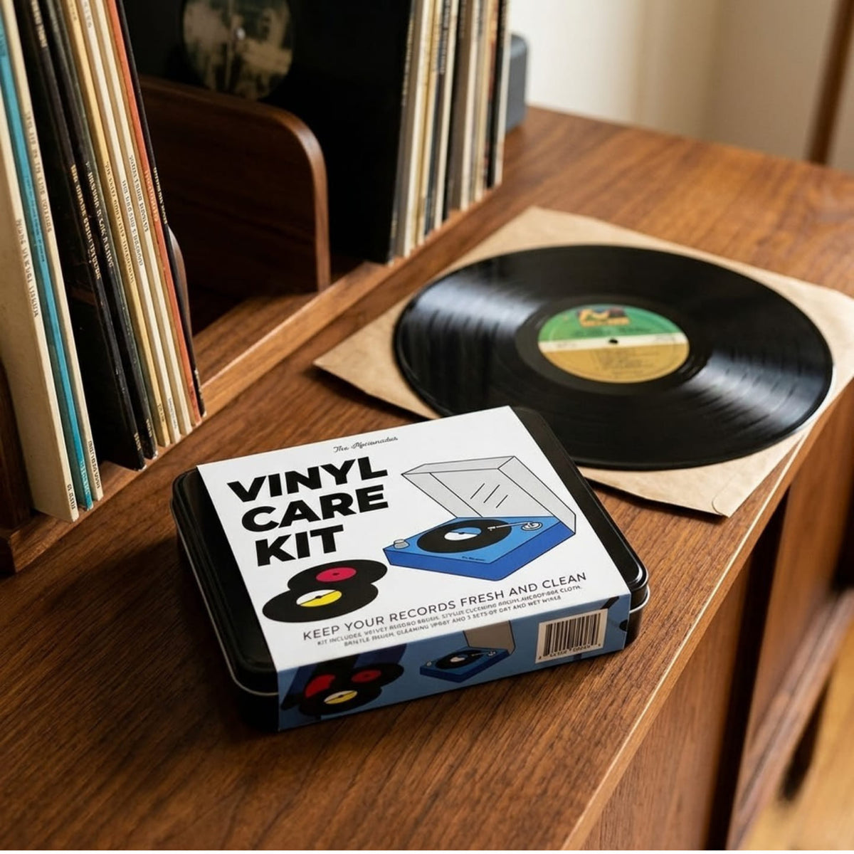 Kit de nettoyage vinyle avec brosse et solution, vue de dessus