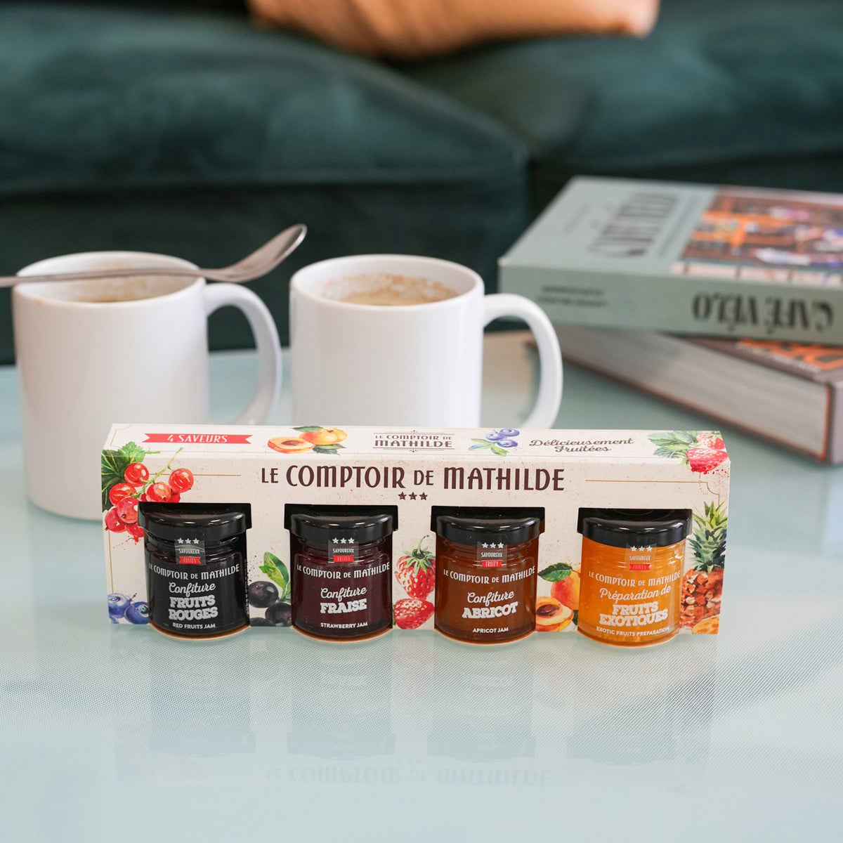 Coffret de 4 mini confitures avec étiquettes colorées