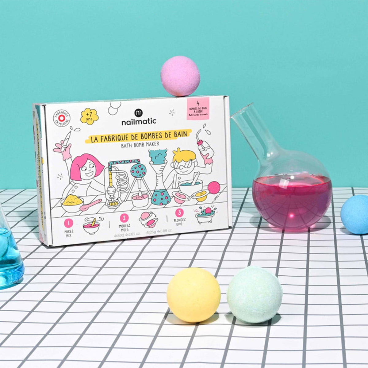 Kit DIY pour créer des boules de bain colorées et effervescentes.