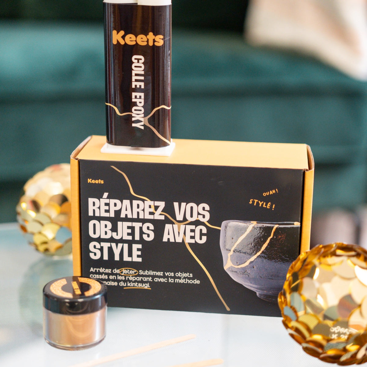Kit Kintsugi avec poudre dorée et outils de réparation