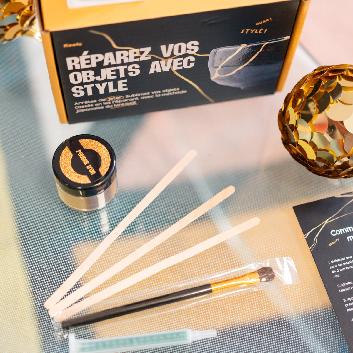 Kit Kintsugi avec poudre dorée et outils de réparation