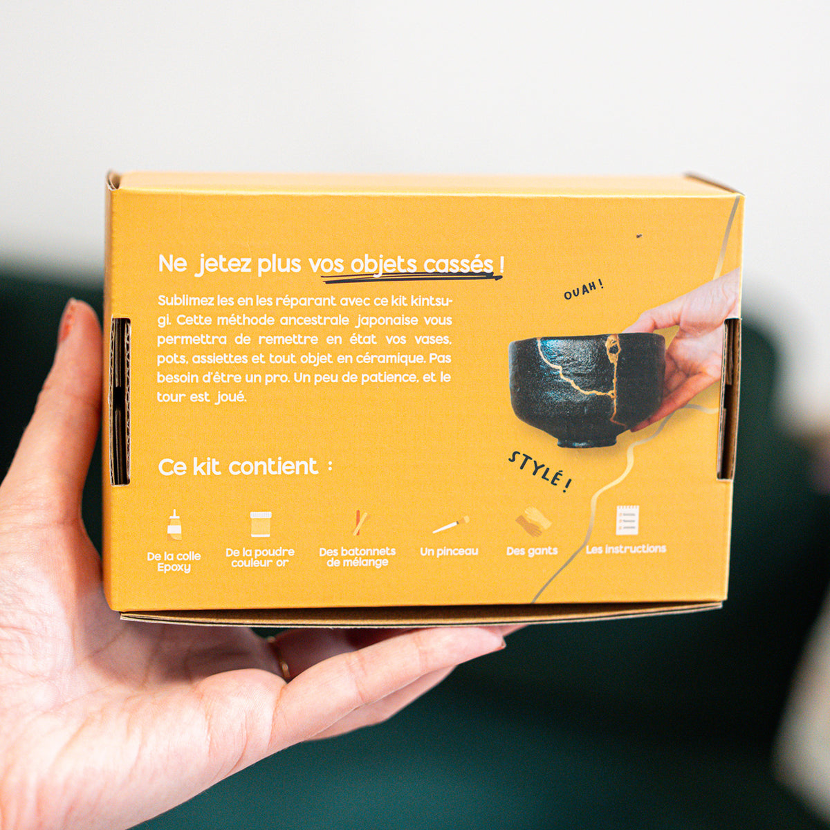 Kit Kintsugi avec poudre dorée et outils de réparation