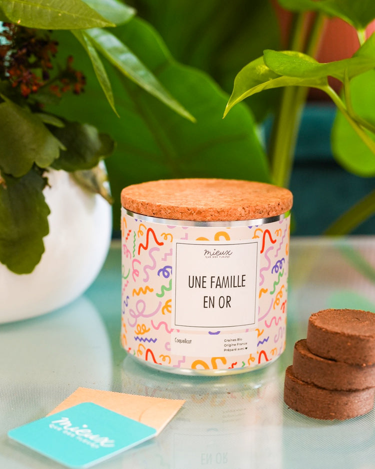 Kit à planter avec message, palets de terre et graines visibles.