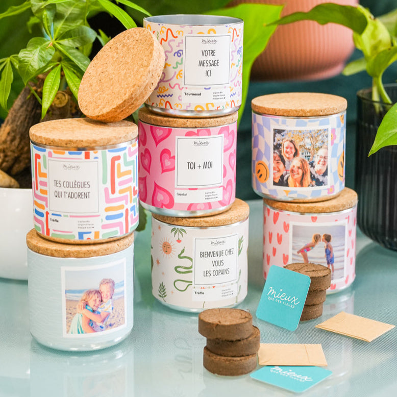 Kit à planter avec photo personnalisée et graines colorées.