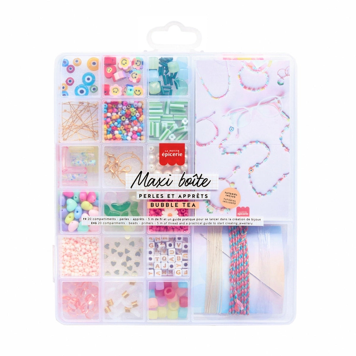 Boîte transparente avec perles colorées et compartiments distincts