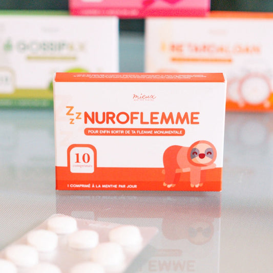 Comprimés humoristiques Nuroflemme sur fond clair, emballage coloré.