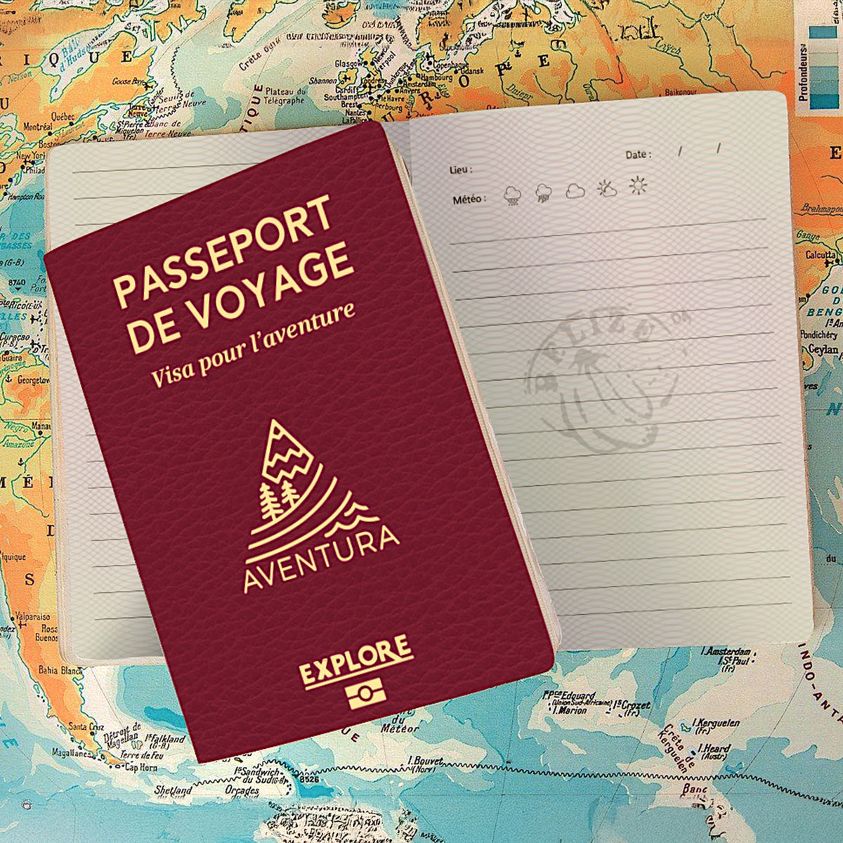 Passeport de voyage ouvert montrant des pages intérieures.