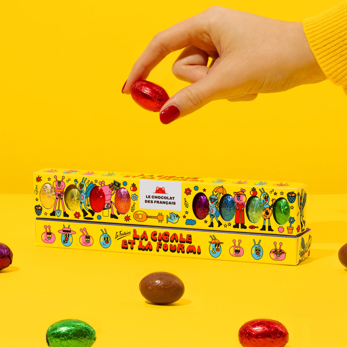 Dix œufs en chocolat avec un effet de perspective