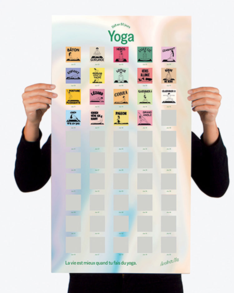 Poster à gratter yoga avec illustrations colorées et motifs variés.