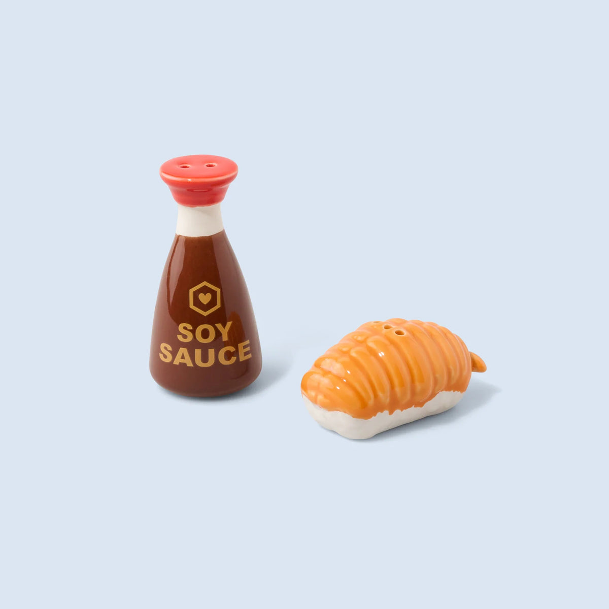 Salière et poivrière en céramique, motif sauce soja, angle latéral