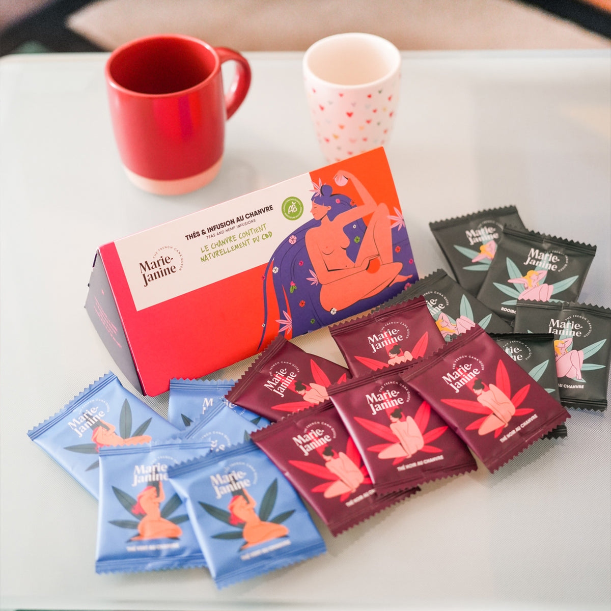 Coffret de thés CBD avec dosettes colorées et élégantes.