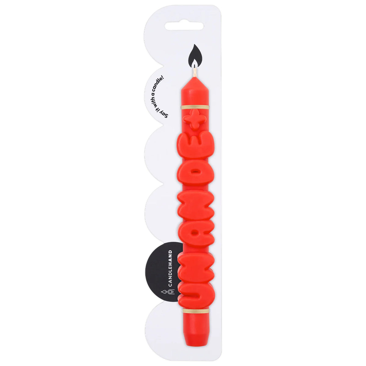 Bougie 'Un an de +' avec motif orange sur fond blanc