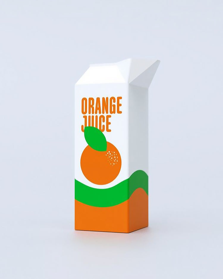 Vase en forme de brique de jus d'orange, vue de côté.