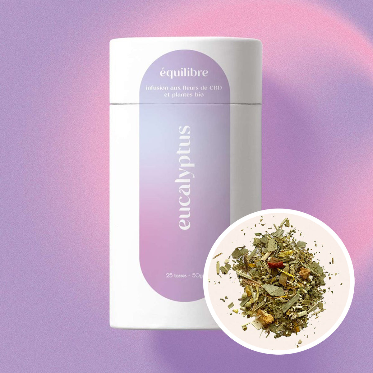 Tisane au CBD et eucalyptus en sachet, vue de face.