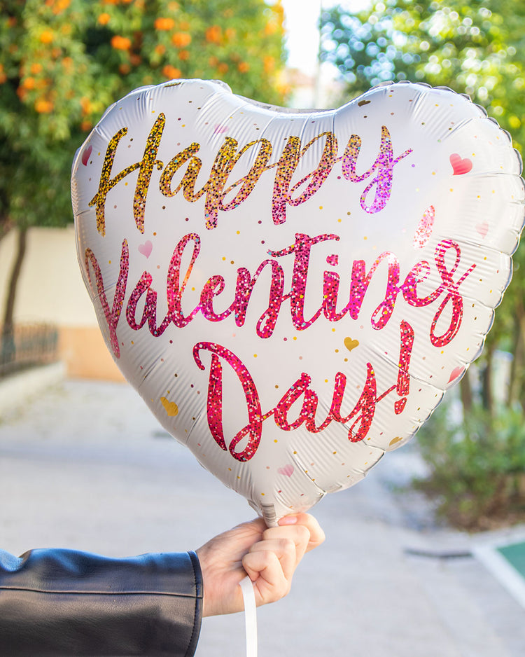 Ballon Happy Valentine's day paillettes rouge et rose avec motif coeur brillant