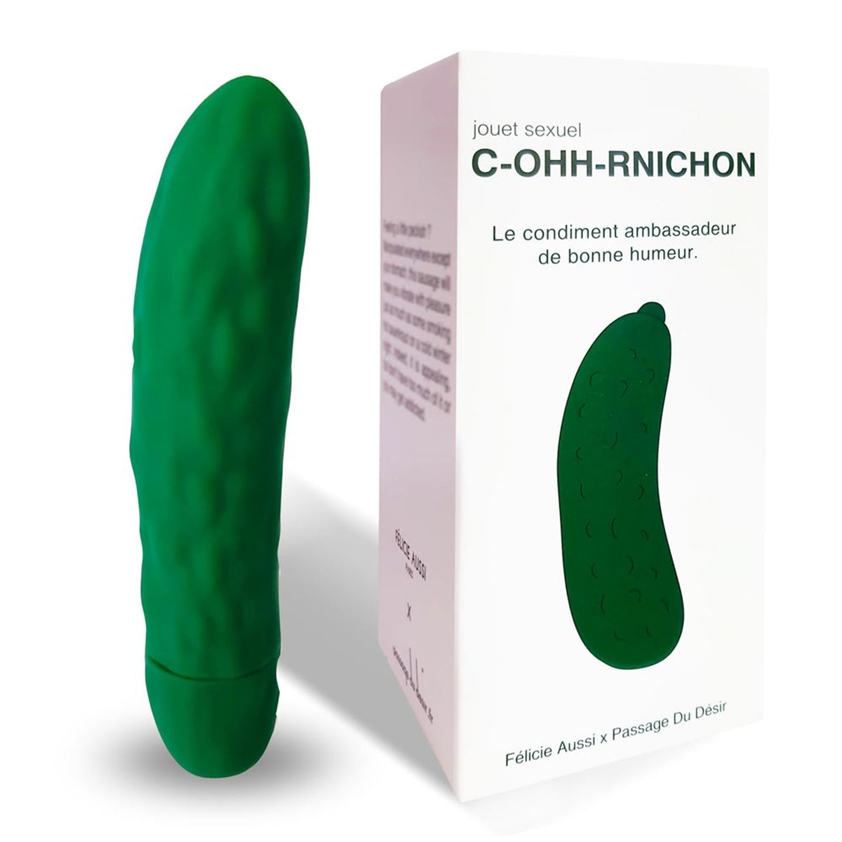 Sextoy vibrant cornichon en silicone, vue de côté.