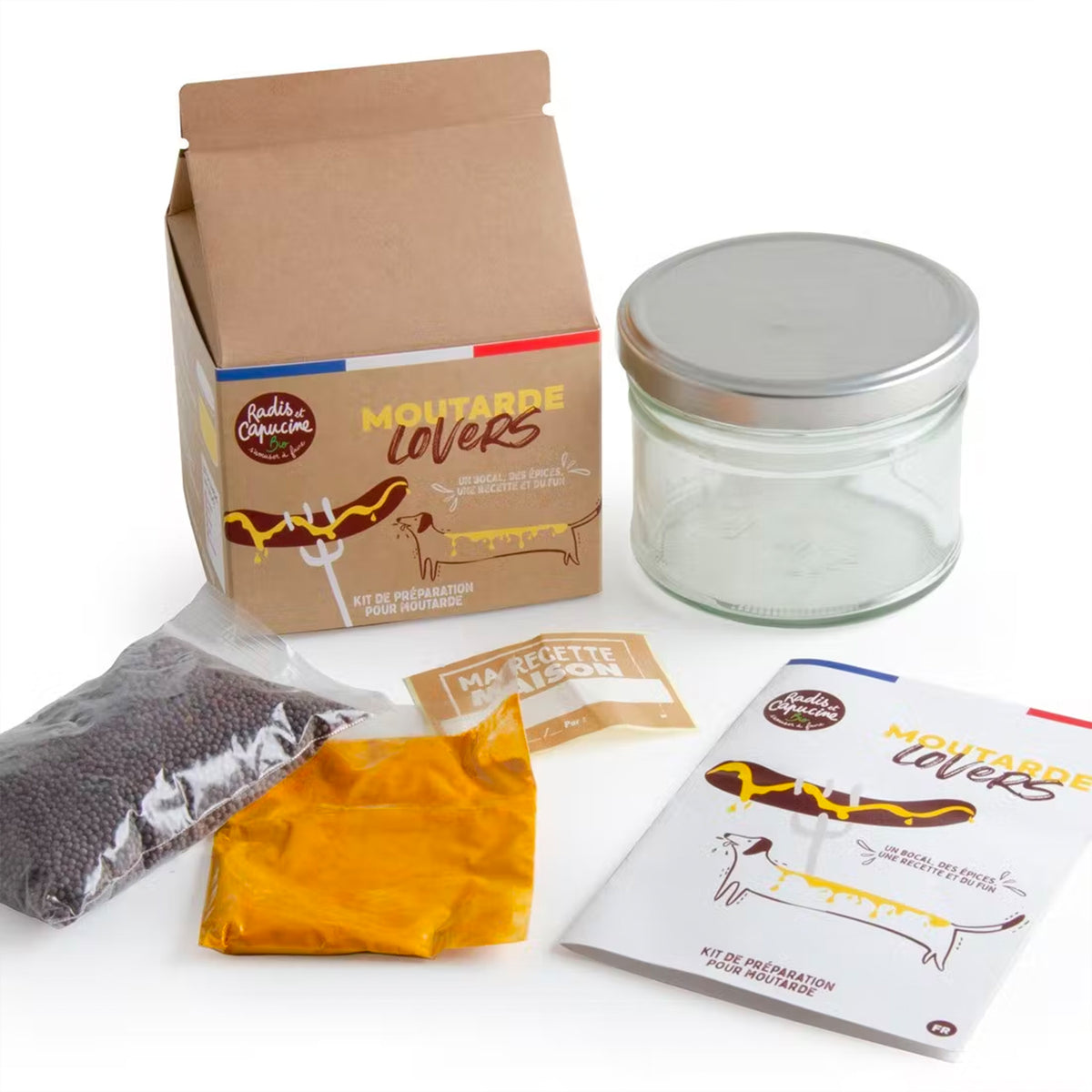 Kit DIY pour moutarde avec épices bio et instructions claires.