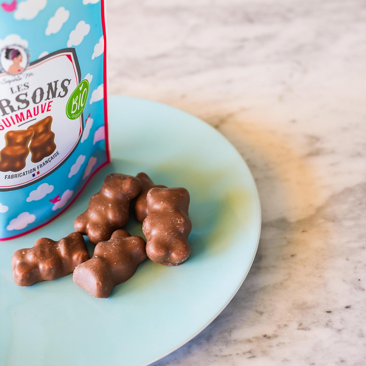 Sachet d'oursons guimauve enrobés de chocolat au lait