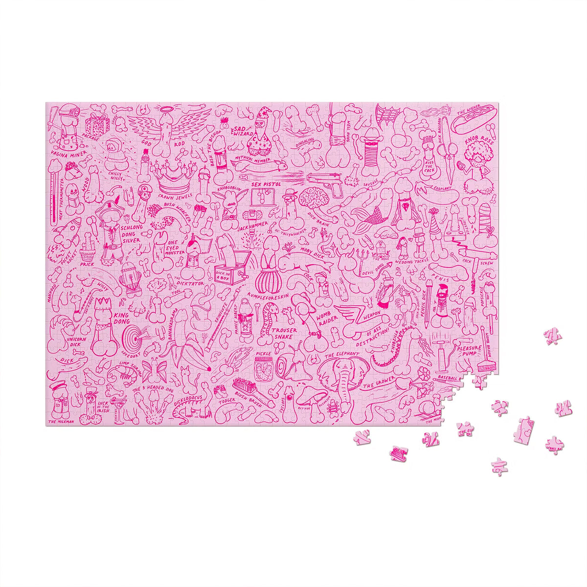 Puzzle humoristique avec des illustrations de pénis variées.