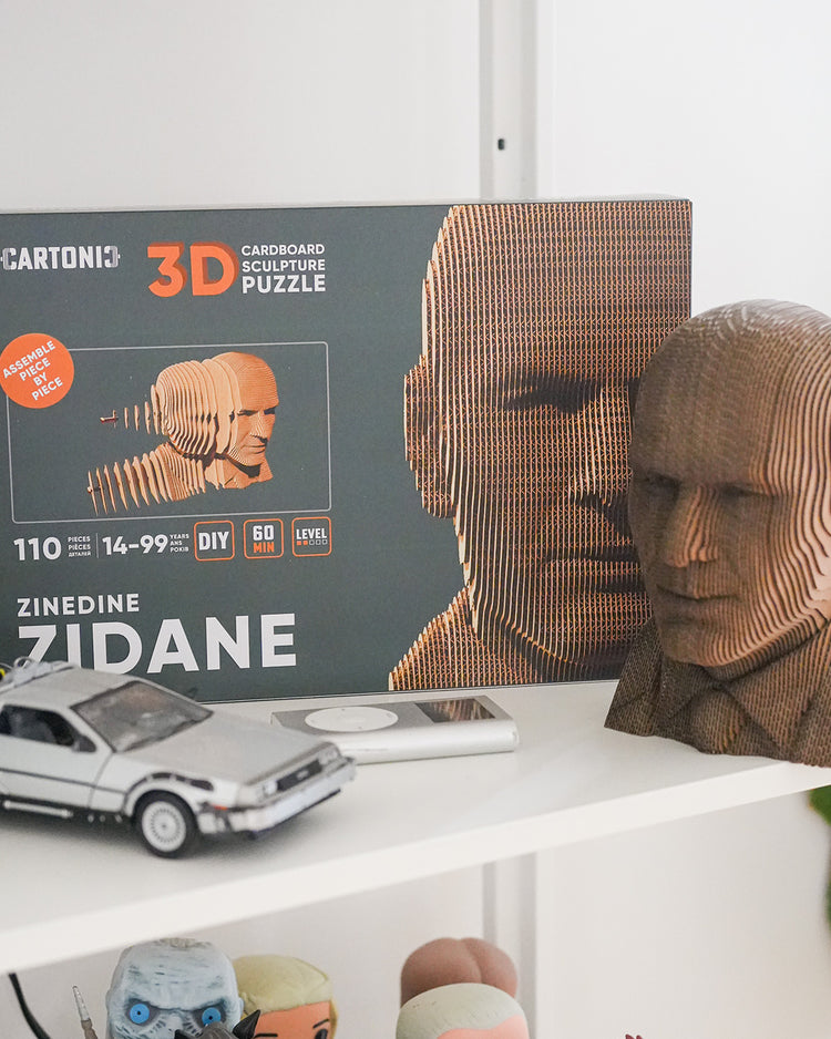 Sculpture en carton de Zidane, vue de face avec détails du visage.